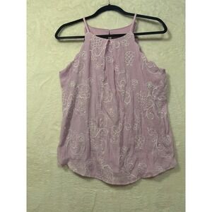 IN San Francisco Lavender Floral Embroidered Halter Top Purple Scallop Hem Med